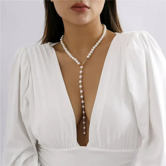 Long Y-Shape Pearl Strand Necklace