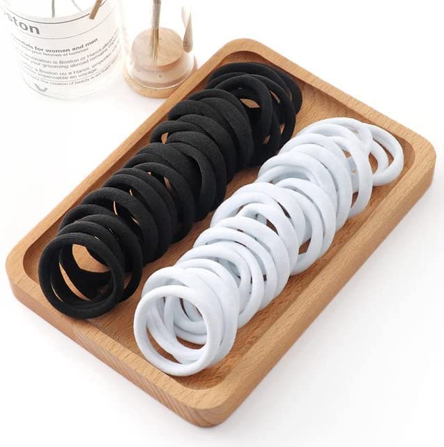 Seamless Thick Cotton Hair Rubber Bands, Durable Elastic Ties, Ponytail Holders, Hair Accessories for Women & Girls - White & Black