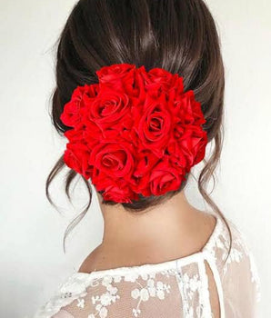 Artificial Rose Flower Wedding Hair Bun Gajra for Women Bridal Juda Hair Bun Hair Accessory (Red)