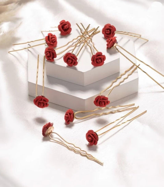 Golden Red Rose U Pins 12 Pcs