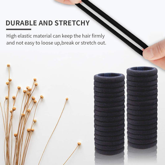 Seamless Thick Cotton Hair Rubber Bands, Durable Elastic Ties, Ponytail Holders, Hair Accessories for Women & Girls -  Black 30 pcs