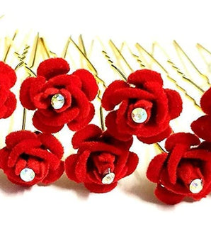 Rose Juda Pins 12 PCS Hair Accessories For Women's Hair Decoration Bridal Hair Accessories Velvet Rose Pin Hair Flowers Floral Hair Accessories Pack Of 12, Red