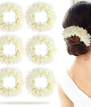 Mogra Gajra Scented 6pcs Artificial Flower Hair Accessories Scrunchies for Bun Bracelet Juda & Ponytail Wedding Jewellery Reusable Fragrance for Women 6Pcs (White)