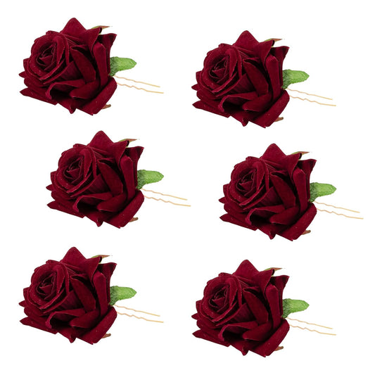 ( Maroon Color )6 Piece Artificial Rose U Shape Hair Pins Elegant Wedding Juda Clip, Valentine's Day Gift, Stylish Hair Bun Stick with Flowers for Hair Perfect Marriage Hairstyle Accessories Useful for Women, Girls, Brides (MAROON)