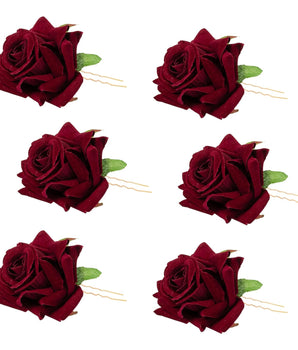 ( Maroon Color )6 Piece Artificial Rose U Shape Hair Pins Elegant Wedding Juda Clip, Valentine's Day Gift, Stylish Hair Bun Stick with Flowers for Hair Perfect Marriage Hairstyle Accessories Useful for Women, Girls, Brides (MAROON)