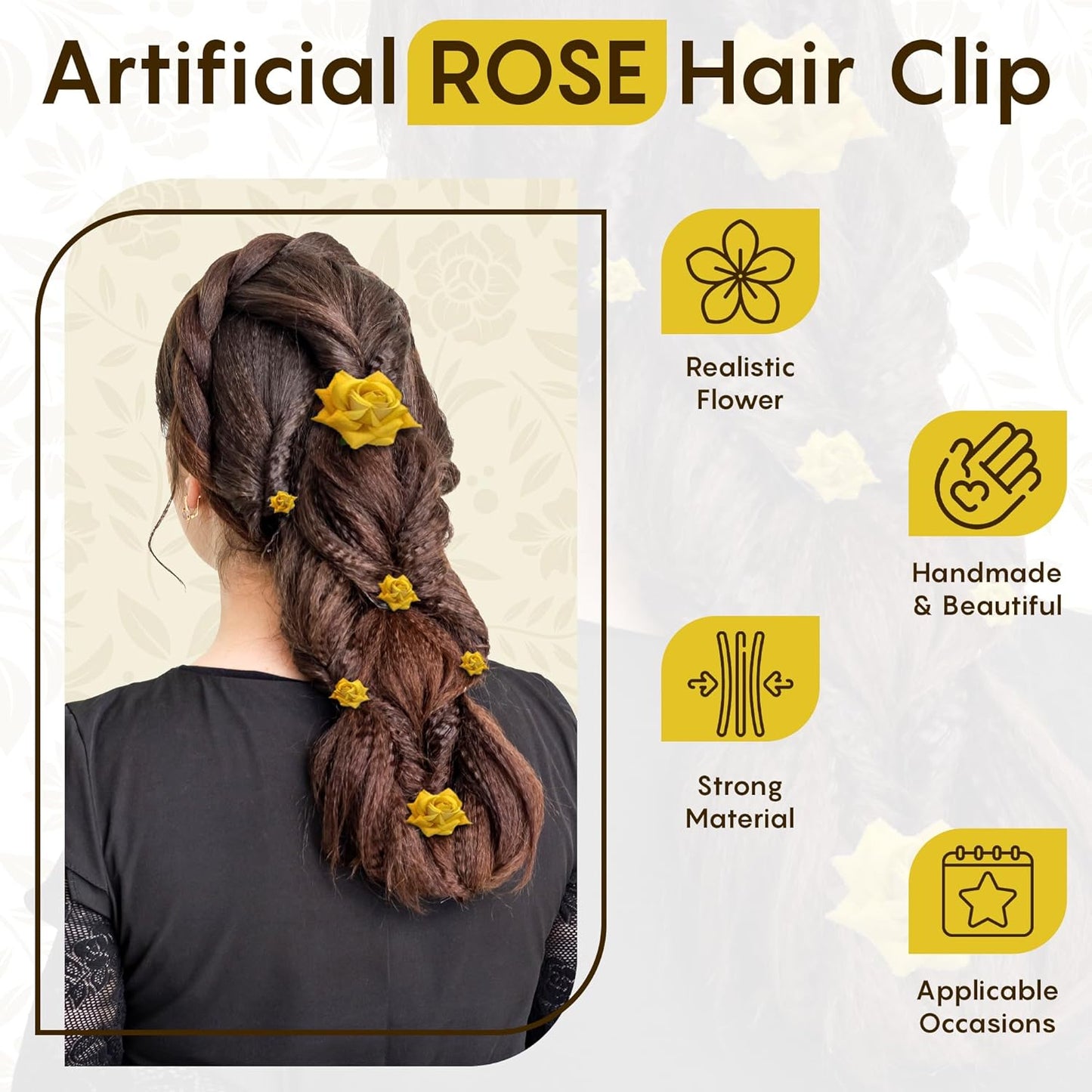 6 Piece Artificial Rose Hair Clip Flower Hair Accessories for Women, Wedding, Valentine's Day Gift, Marriage Hairstyles, Hair Clips with Roses, Floral Clips, Stylish Hair Accessories (YELLOW)