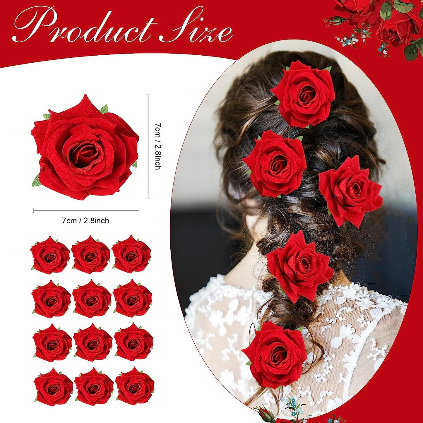 6 Piece Artificial Rose Hair Clip Flower Hair Accessories for Women, Wedding, Valentine's Day Gift, Marriage Hairstyles, Hair Clips with Roses, Floral Clips, Stylish Hair Accessories (RED)