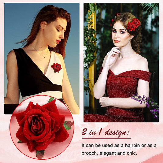 6 Piece Artificial Rose Hair Clip Flower Hair Accessories for Women, Wedding, Valentine's Day Gift, Marriage Hairstyles, Hair Clips with Roses, Floral Clips, Stylish Hair Accessories (RED)