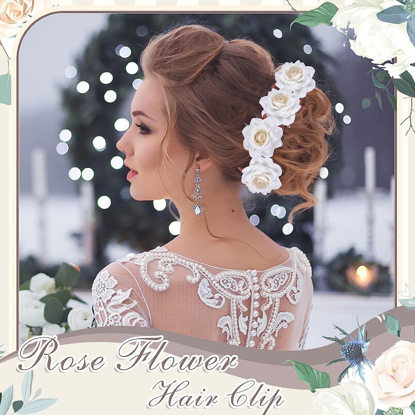 6 Piece Artificial Rose Hair Clip Flower Hair Accessories for Women, Wedding, Valentine's Day Gift, Marriage Hairstyles, Hair Clips with Roses, Floral Clips, Stylish Hair Accessories (WHITE)