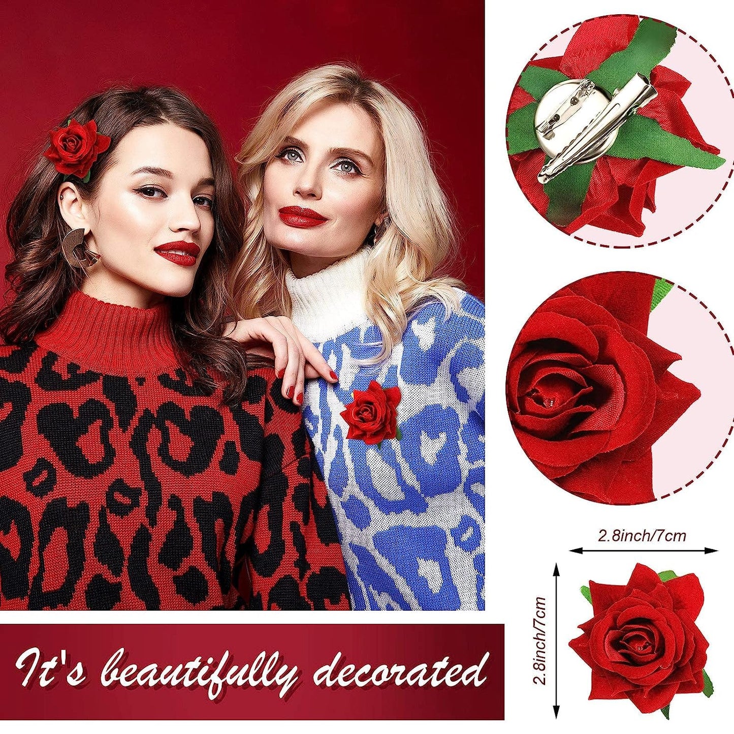 6 Piece Artificial Rose Hair Clip Flower Hair Accessories for Women, Wedding, Valentine's Day Gift, Marriage Hairstyles, Hair Clips with Roses, :WHITE & RED
