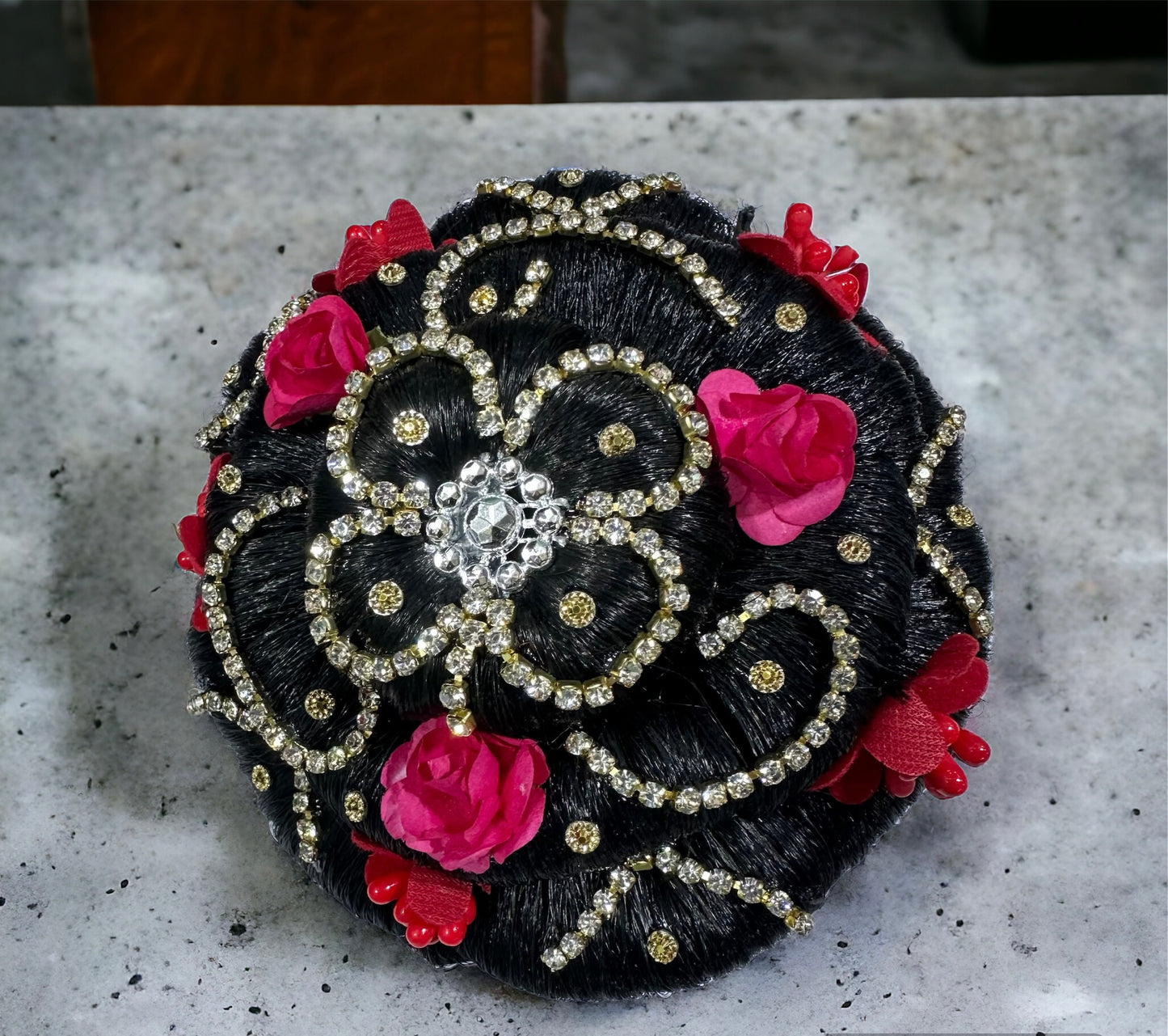 Artifical Rose Flower Attractive Traditional Hair Juda Bun for Wedding Bridal Juda Accessories for Women Hair Extension for Women & Girls Set of 1 (Black (C))