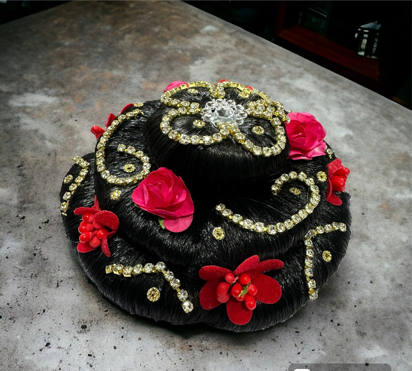 Artifical Rose Flower Attractive Traditional Hair Juda Bun for Wedding Bridal Juda Accessories for Women Hair Extension for Women & Girls Set of 1 (Black (C))
