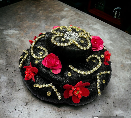 Artifical Rose Flower Attractive Traditional Hair Juda Bun for Wedding Bridal Juda Accessories for Women Hair Extension for Women & Girls Set of 1 (Black (C))