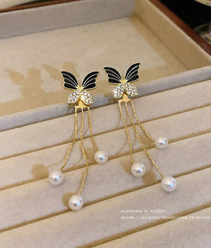 Black Butterfly pearl Tassel Earrings